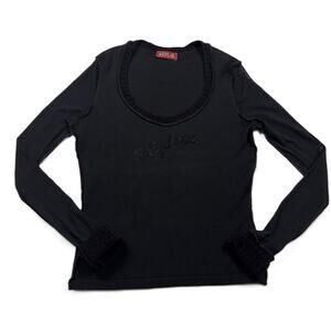 Replay Y2K black top sheer long-sleeved Sz M wool blend made in Italy